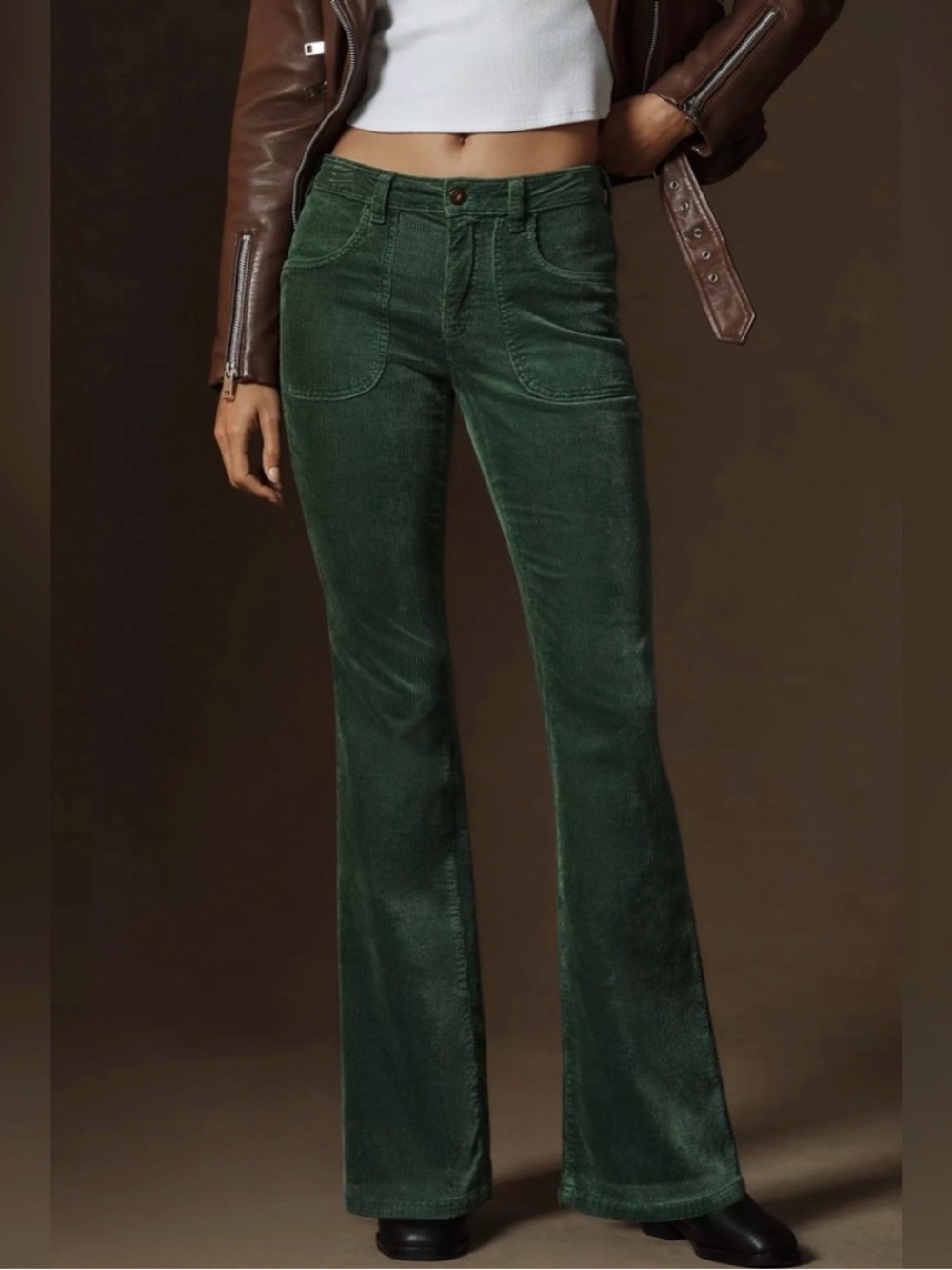 Anthropologie Pilcro The Low-Rise Icon Flare Corduroy Chop Pocket Green Size 25 - Picture 2 of 15